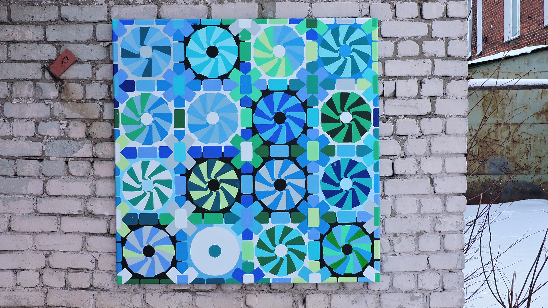 Interior painting, geometric pattern made in shades of green and blue